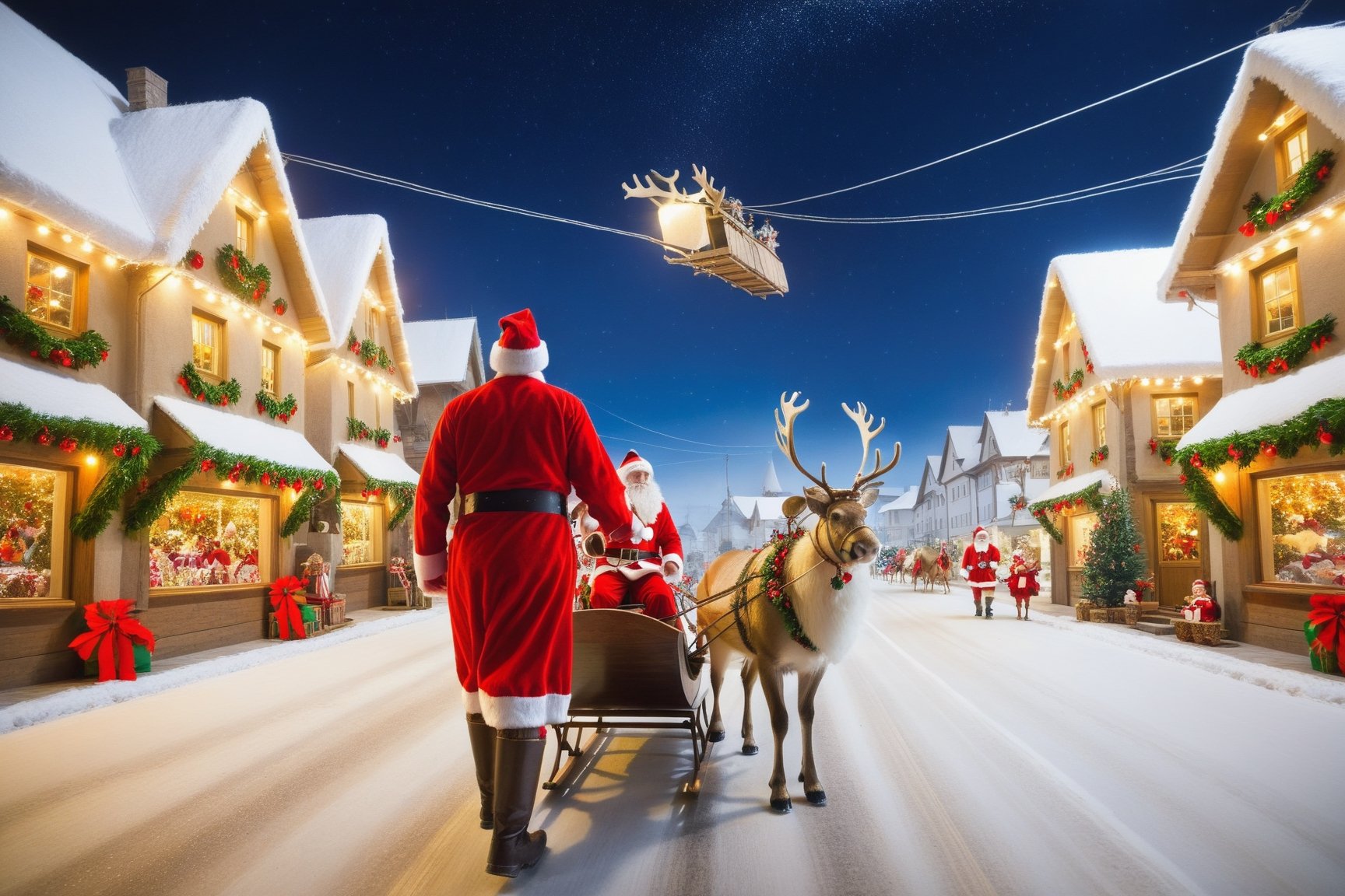 Santa Claus with the sleigh and his reindeer flying through a country town on Christmas Winter,Christmas 1girl,christmas