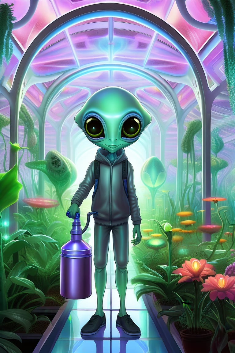 pastel by alex grey Interior of futuristic greenhouse with high ceilings,  short barefoot roswell gray alien wearing smock...