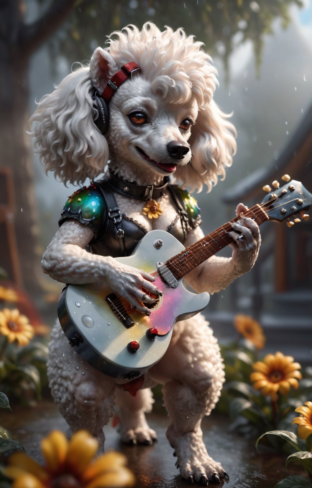 realistic detailed image,full body,the White little poodle plays the guitar,lilligant,[sunny iridescence on dew drops],epic,cinematic photography with a clear focus,16k hdr,volumetric lighting,depth of field,hyperrealism of fog and haze,bright colors and textures,unique patterns of nature as an artist,very stunning landscapes