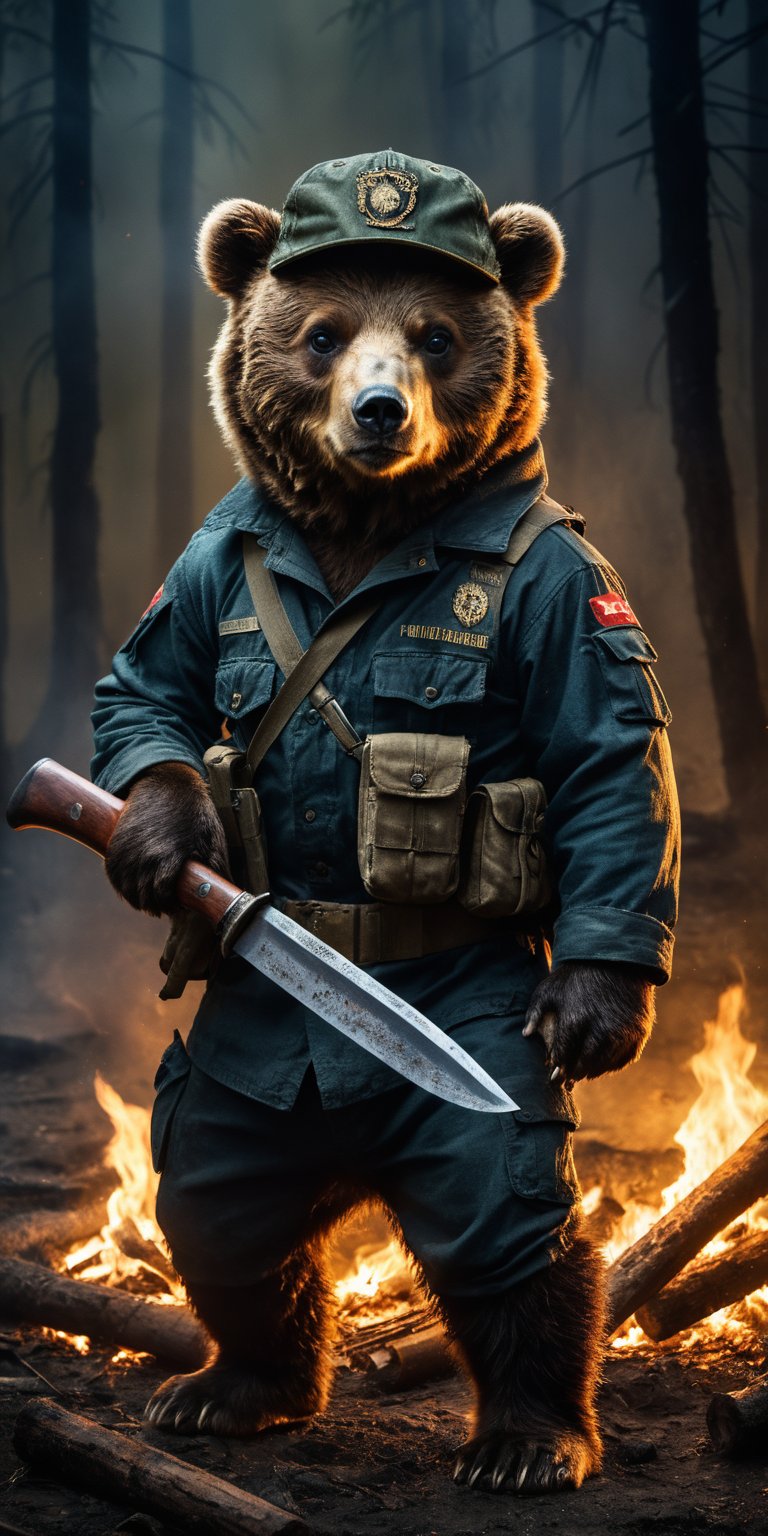 Award-winning photographer captures a hauntingly realistic image of a fierce little
Bear, its snarling face illuminated by the (faint glow of a fire:1.2). Holding a machette,  Framed against a dark, battleground background, dressed as a (mercenary:1.3), wearing baseball cap,textured fabrics and weapons, his menacing gaze seems to pierce through the shadows. Vietnam Era-inspired textures bring realism to its clothes and skin, while an eerie stillness in the air hints at a battle-scarred past.