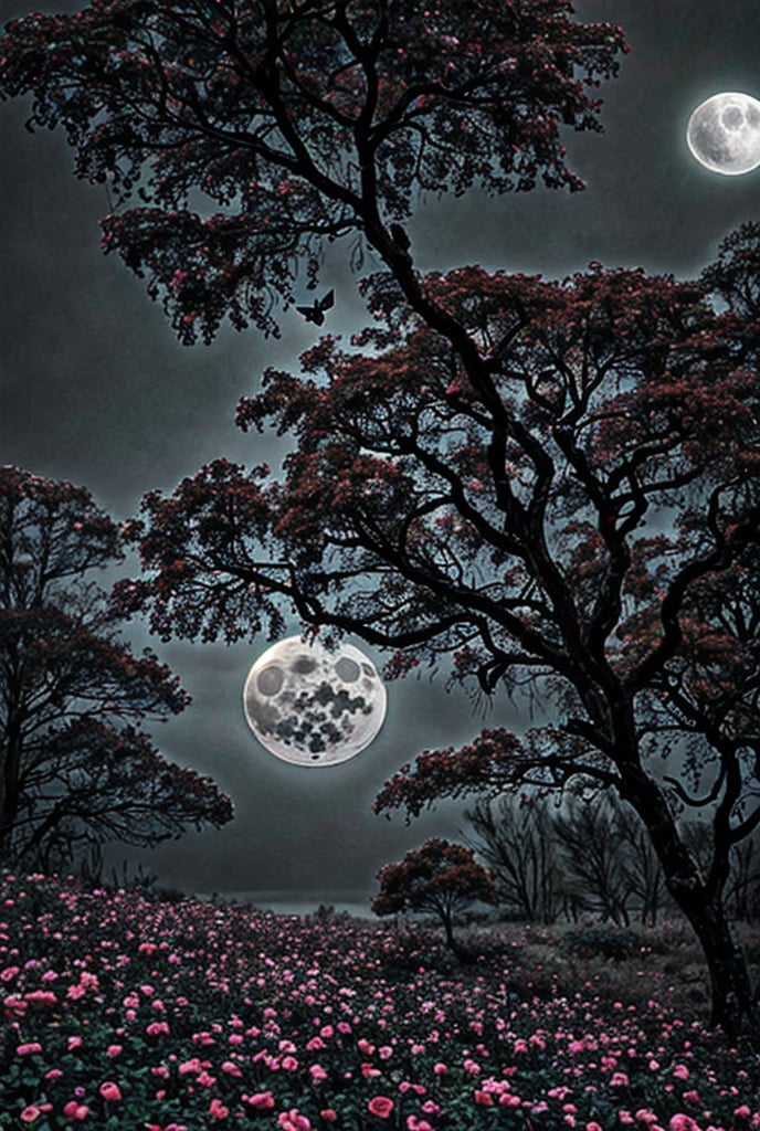 black roses, red moon, dried trees, dark atmosphere, beutiful butterfly