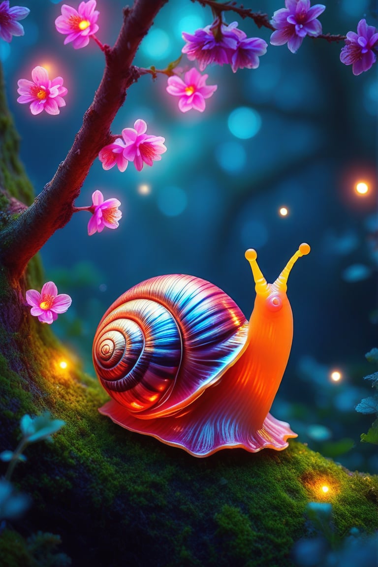 Mystical Encounter: A snail perches on a moss-covered tree branch,  its iridescent shell glowing with an ethereal light. V...