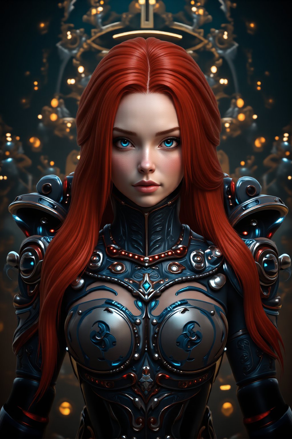 A cinematic masterpiece of photorealistic excellence, a stunning portrait of the hubgwomen, 'hubg_beauty_girl', captured in a front-view pose, with piercing eyes gazing directly at the viewer. Her long, flowing red hair cascades down her back like a river of silk, as she wears intricate mechanical armor adorned with delicate blue filigree and red metallic parts. The dynamic pose showcases the detailed armor's curves and textures, while the raw photo quality emphasizes every realistic aspect. In the background, an intricate, analog-inspired setting provides depth and context, illuminated by cinematic lighting that accentuates every detail. This is a true work of art, a photorealistic marvel that blurs the line between reality and fantasy.