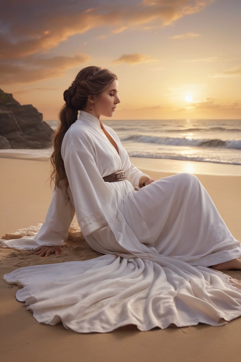 A serene scene unfolds as Princess Leia,  iconic white robes flowing in the gentle breeze,  reclines on a crimson beach to...