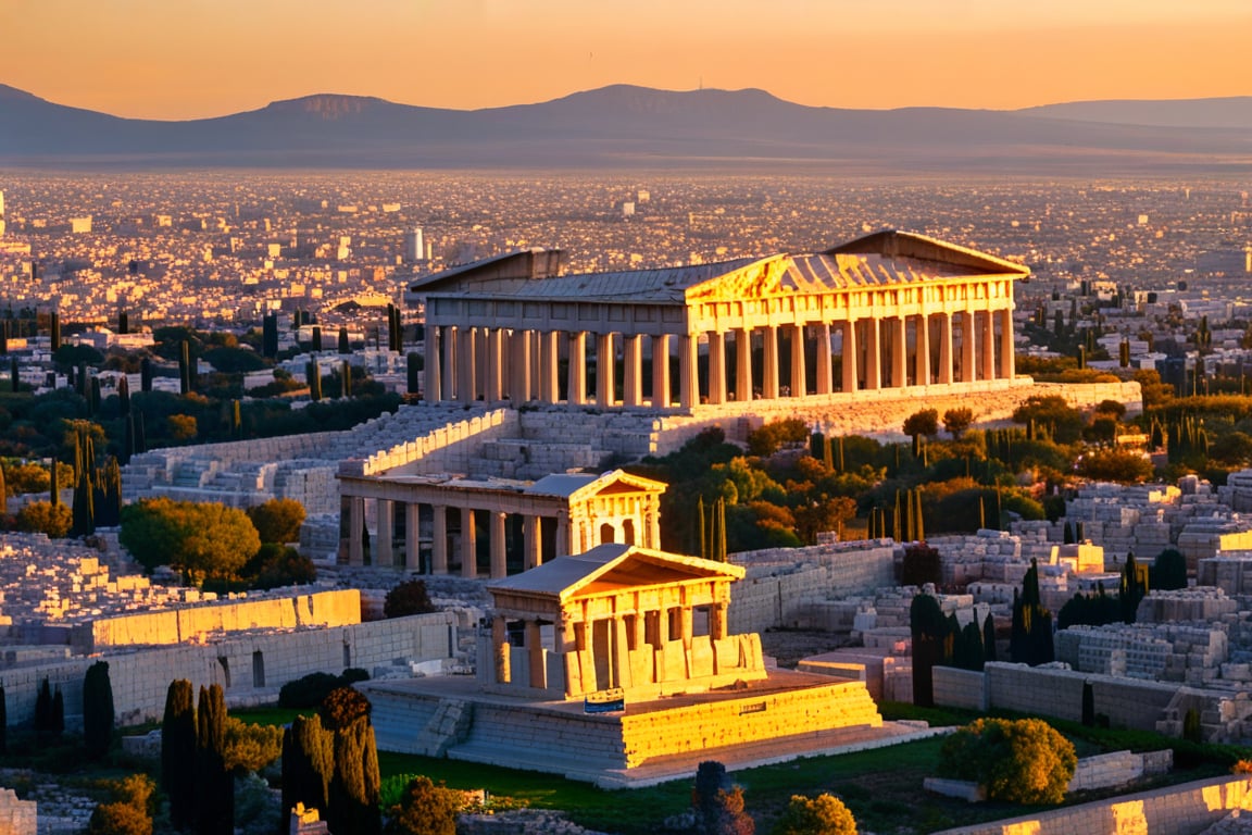 Aerial perspective of an ancient Greek city, reminiscent of Athens in its heyday. The sprawling metropolis unfolds like a golden-hued puzzle, with terracotta rooftops and white marble structures blending harmoniously. The Acropolis stands tall, its iconic Parthenon glowing softly under the warm light of sunset.