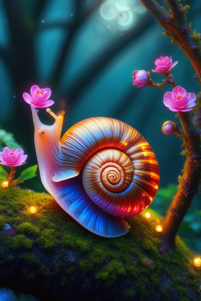 Mystical Encounter: A snail perches on a moss-covered tree branch,  its iridescent shell glowing with an ethereal light. V...