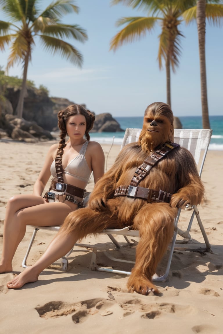 Princess Leia and Chewbacca are on the beach sunbathing on a planet far away by Chongas  on Tensor.Art