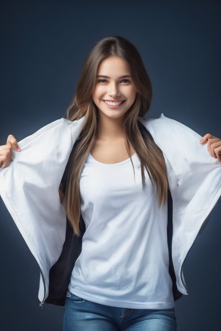 Masterpiece, highest quality image, A girl smiles, opening a black jacket with her hands, showing a white t-shirt, masterpiece, hdr, high resolution, best quality, masterpiece, studio light, professional,3d style