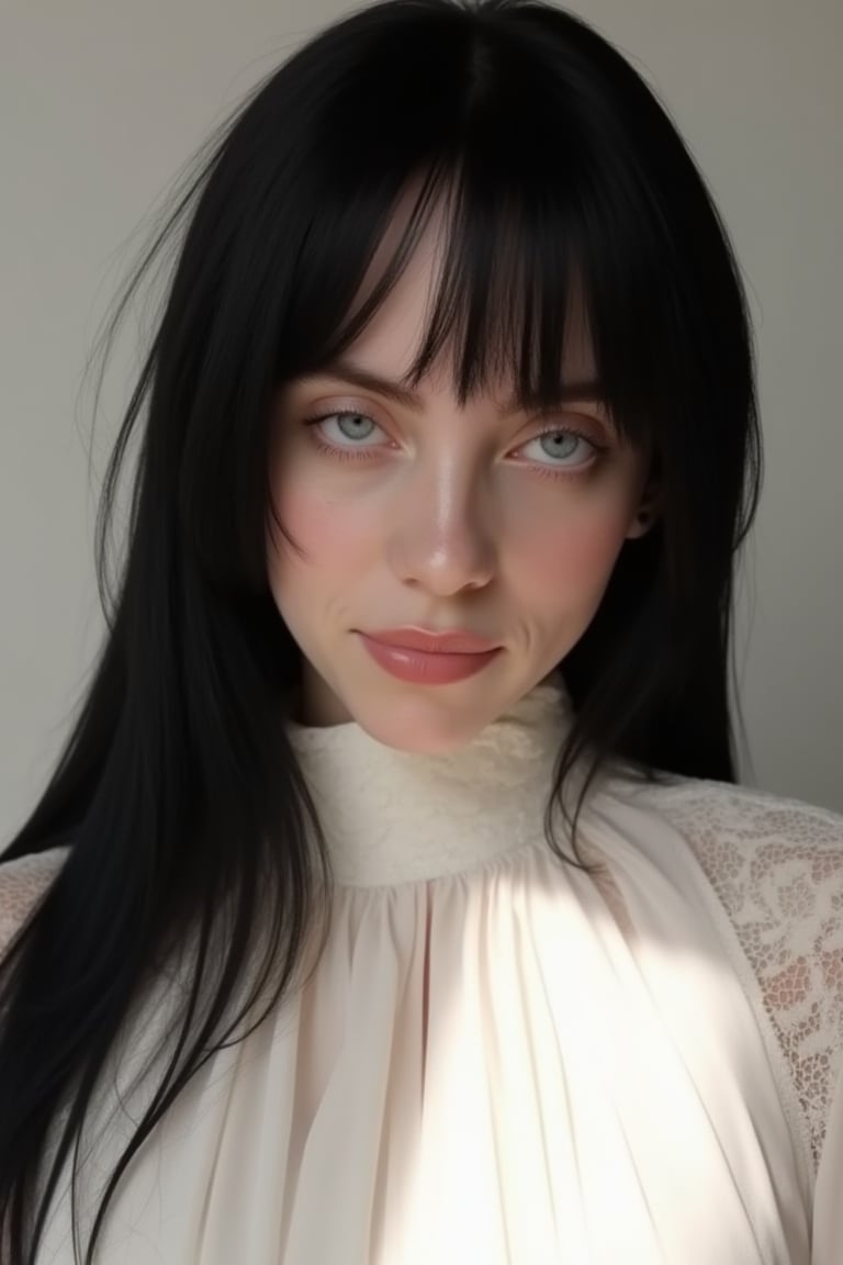 Hyperrealistic photo of Billie Eilish with long black hair, wearing a white high-neck dress, captured with a Canon EOS 90D in stunning high resolution. The image is illuminated by soft natural light, highlighting the intricate details of the dress. Greg Rutkowski's signature style is evident, with a close-up shot framing her face and upper body, capturing her expressive eyes and subtle smile. The background is a minimalist, neutral tone to keep the focus on the subject. High resolution, glow skin, 8k details, ceramic skin.