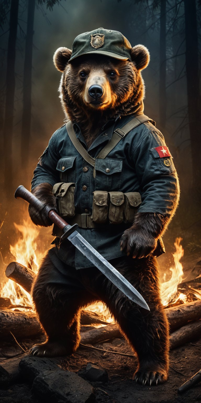 Award-winning photographer captures a hauntingly realistic image of a fierce little
Bear, its snarling face illuminated by the (faint glow of a fire:1.2). Holding a machette,  Framed against a dark, battleground background, dressed as a (mercenary:1.3), wearing baseball cap,textured fabrics and weapons, his menacing gaze seems to pierce through the shadows. Vietnam Era-inspired textures bring realism to its clothes and skin, while an eerie stillness in the air hints at a battle-scarred past.