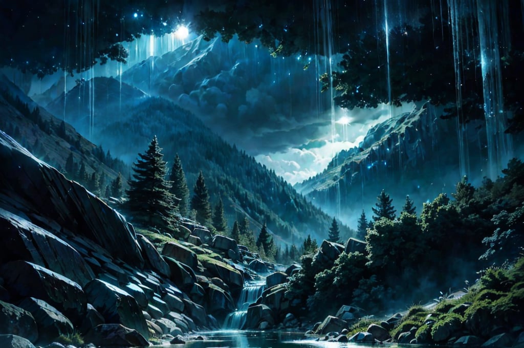 A spectacular night fell on the mountains. Beautiful mountainous area surrounded by pine forest. Large century-old pines stand in silence. The calm silence of the forest is interrupted by peals of thunder and flashes of lightning. A multi-level waterfall rushes down from the mountains in a noisy stream; Along the banks of a mountain river there are stones covered with moss. The moon's rays break through the canopy, illuminating the dark night forest with dim blue light. A beautifully growing fern shimmers from lightning flashes, and a variety of flowers grow. In the mountains you can see old ruins of long-dead civilizations. Ancient buildings and monuments of the ancient world, destroyed by time, are scattered around.