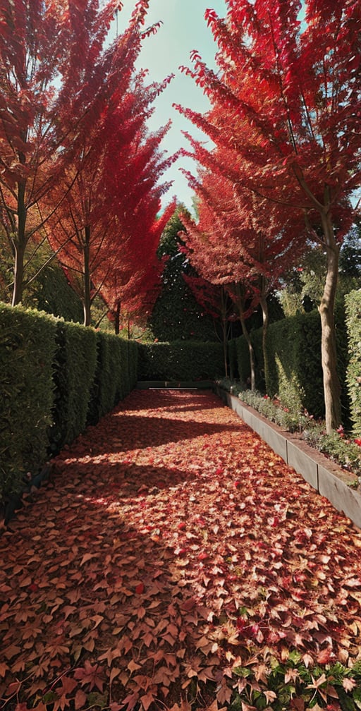 Dystopian image of a garden where all the plants have red leaves