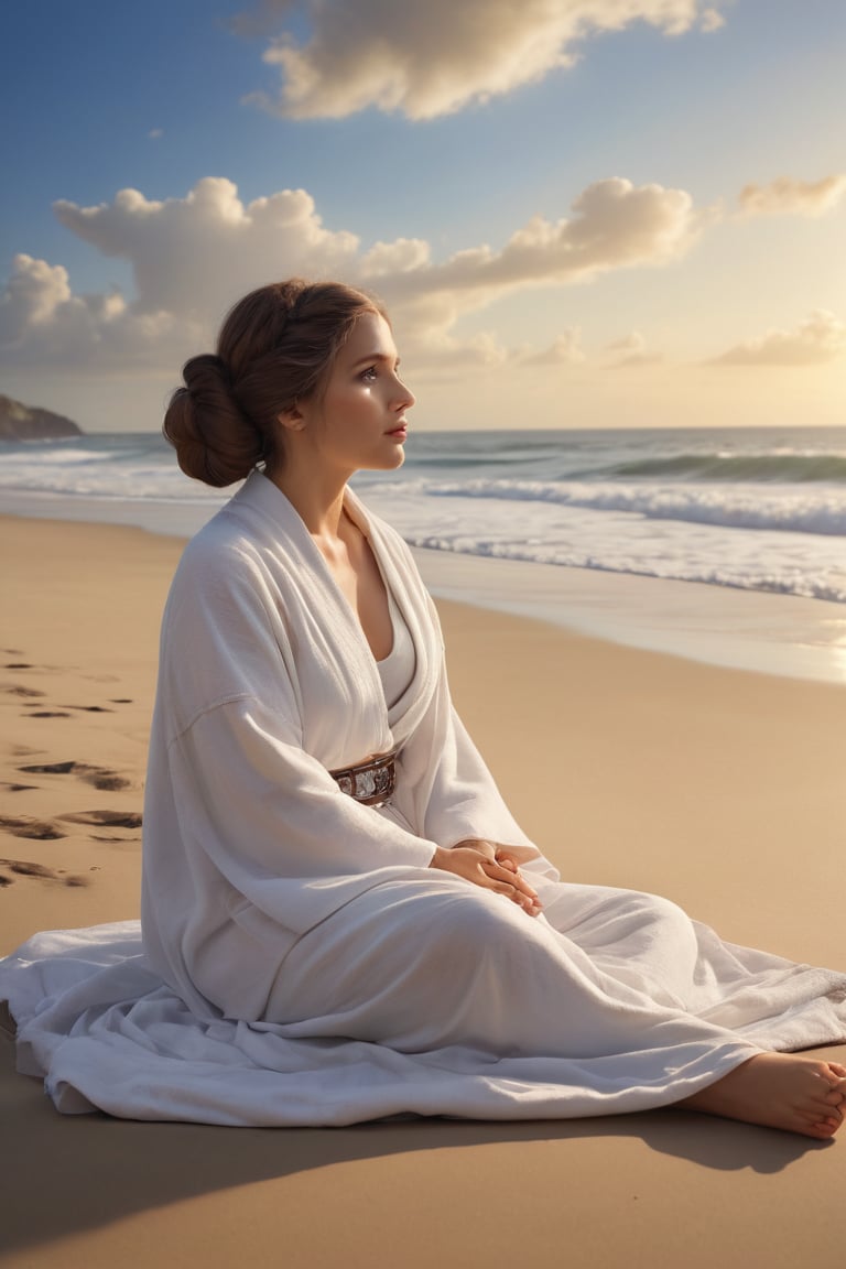 A serene scene unfolds as Princess Leia,  iconic white robes flowing in the gentle breeze,  reclines on a crimson beach to...