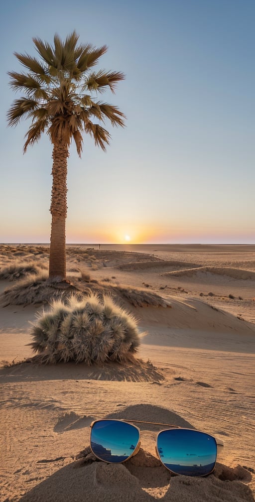 A serene desert landscape at sunset, with a majestic palm tree standing tall in the foreground. A lone traveler, wearing trendy sunglasses , sits in contemplation on a rock, surrounded by the warm glow of the setting sun. The sandy dunes stretch out behind them, fading into the horizon's subtle blue haze, evoking a sense of isolation and peaceful reflection.,photorealistic