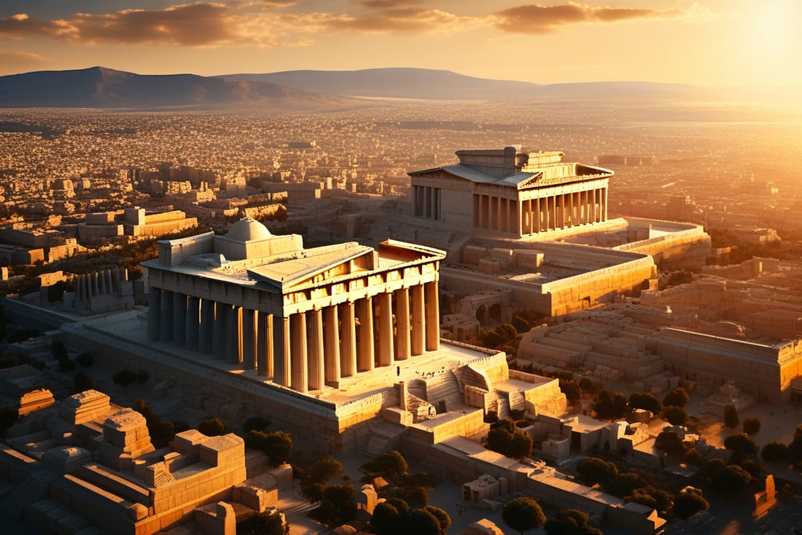 Aerial perspective of an ancient Greek city, reminiscent of Athens in its heyday. The sprawling metropolis unfolds like a golden-hued puzzle, with terracotta rooftops and white marble structures blending harmoniously. The Acropolis stands tall, its iconic Parthenon glowing softly under the warm light of sunset.