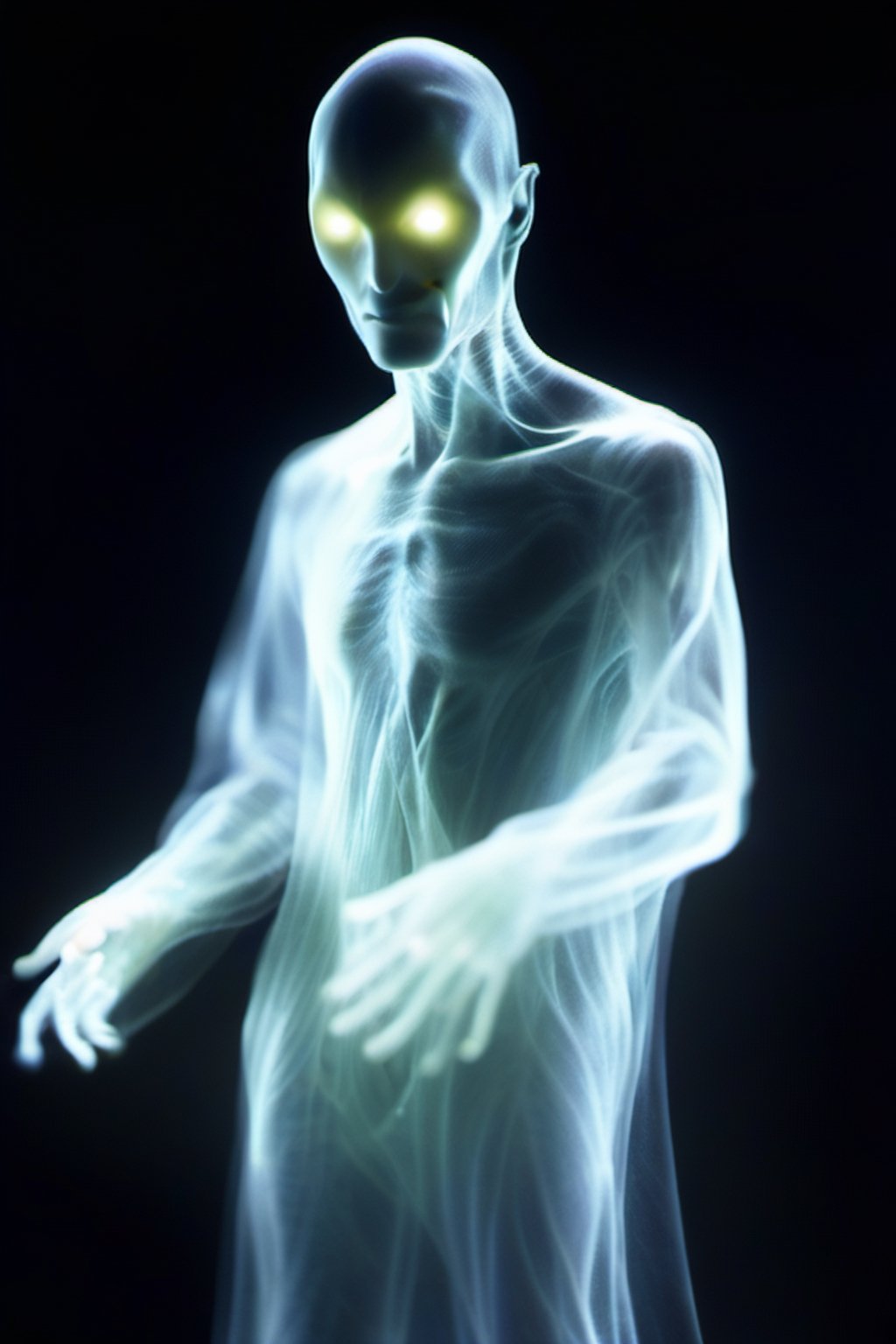 High resolution photo of alien tech spectre, ethereal, mysterious, semi-translucent,ghost person