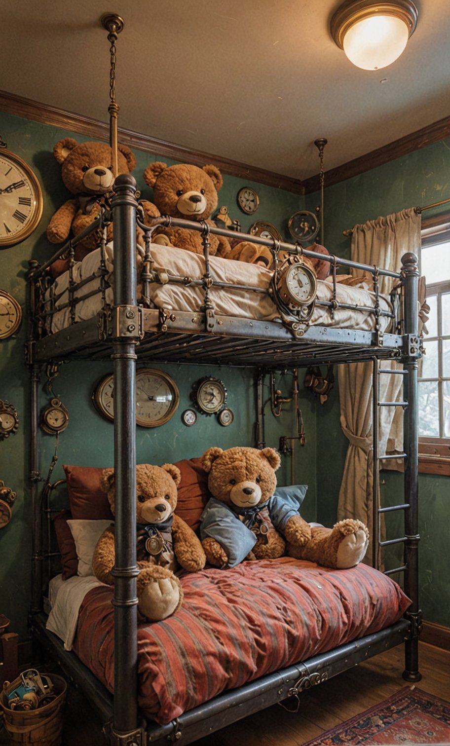 bunk bed in a cozy steampunk room, vibrant colors, Studio Ghibli, StdGBRedmAF, linear,two Teddy bear sleeping on bed