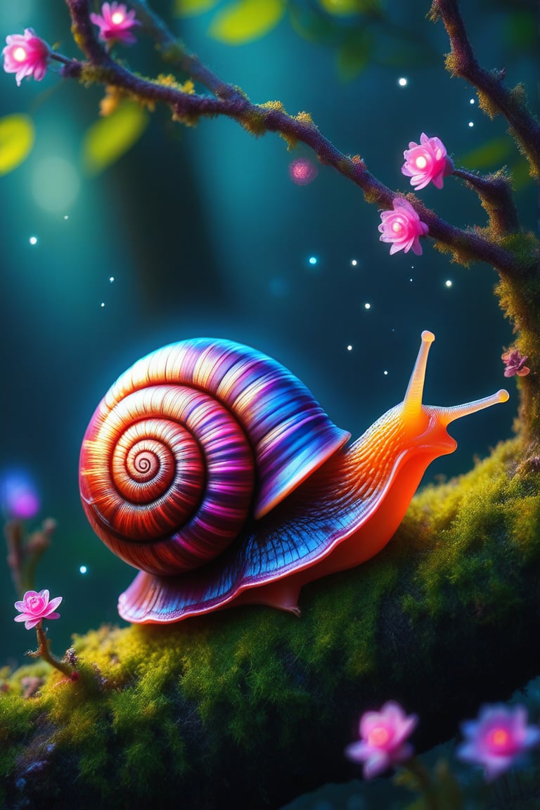 Mystical Encounter: A snail perches on a moss-covered tree branch,  its iridescent shell glowing with an ethereal light. V...