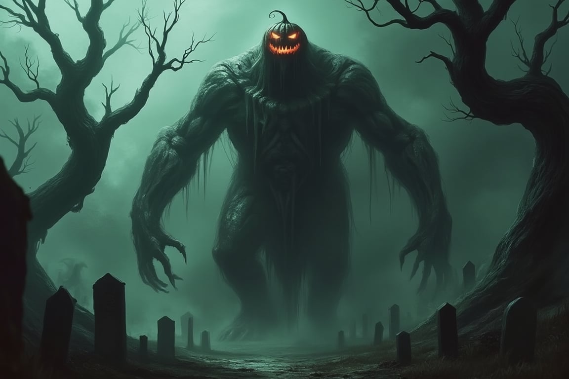 A towering eldritch monster, a skeletal figure draped in a tattered, ghostly robe, walks through a desolate, fog-covered graveyard. The creature's head is a carved Halloween pumpkin, its eyes and mouth glowing with an eerie, orange light. The scene is bathed in an unsettling, greenish light, with twisted tombstones and skeletal trees framing the monster. The composition is dynamic, capturing the skeletal figure mid-stride, its bony hands clutching the torn robe, with a low-angle shot to emphasize its immense size and terror.