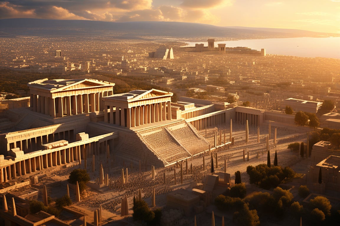 Aerial perspective of an ancient Greek city, reminiscent of Athens in its heyday. The sprawling metropolis unfolds like a golden-hued puzzle, with terracotta rooftops and white marble structures blending harmoniously. The Acropolis stands tall, its iconic Parthenon glowing softly under the warm light of sunset.