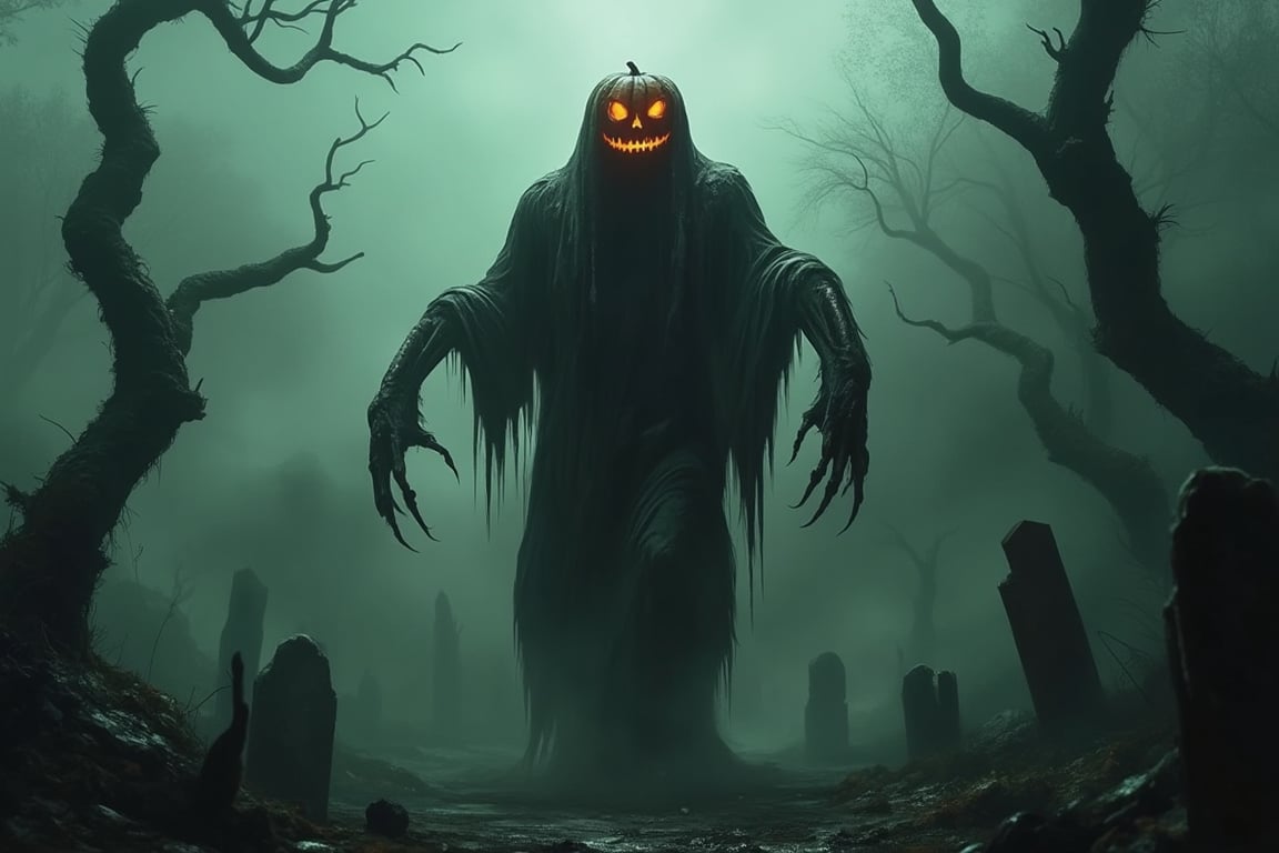 A towering eldritch monster, a skeletal figure draped in a tattered, ghostly robe, walks through a desolate, fog-covered graveyard. The creature's head is a carved Halloween pumpkin, its eyes and mouth glowing with an eerie, orange light. The scene is bathed in an unsettling, greenish light, with twisted tombstones and skeletal trees framing the monster. The composition is dynamic, capturing the skeletal figure mid-stride, its bony hands clutching the torn robe, with a low-angle shot to emphasize its immense size and terror.