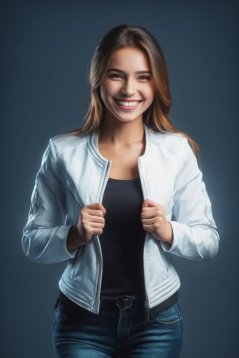 Masterpiece, highest quality image, A girl smiles, opening a black jacket with her hands, showing a white t-shirt, masterpiece, hdr, high resolution, best quality, masterpiece, studio light, professional,3d style