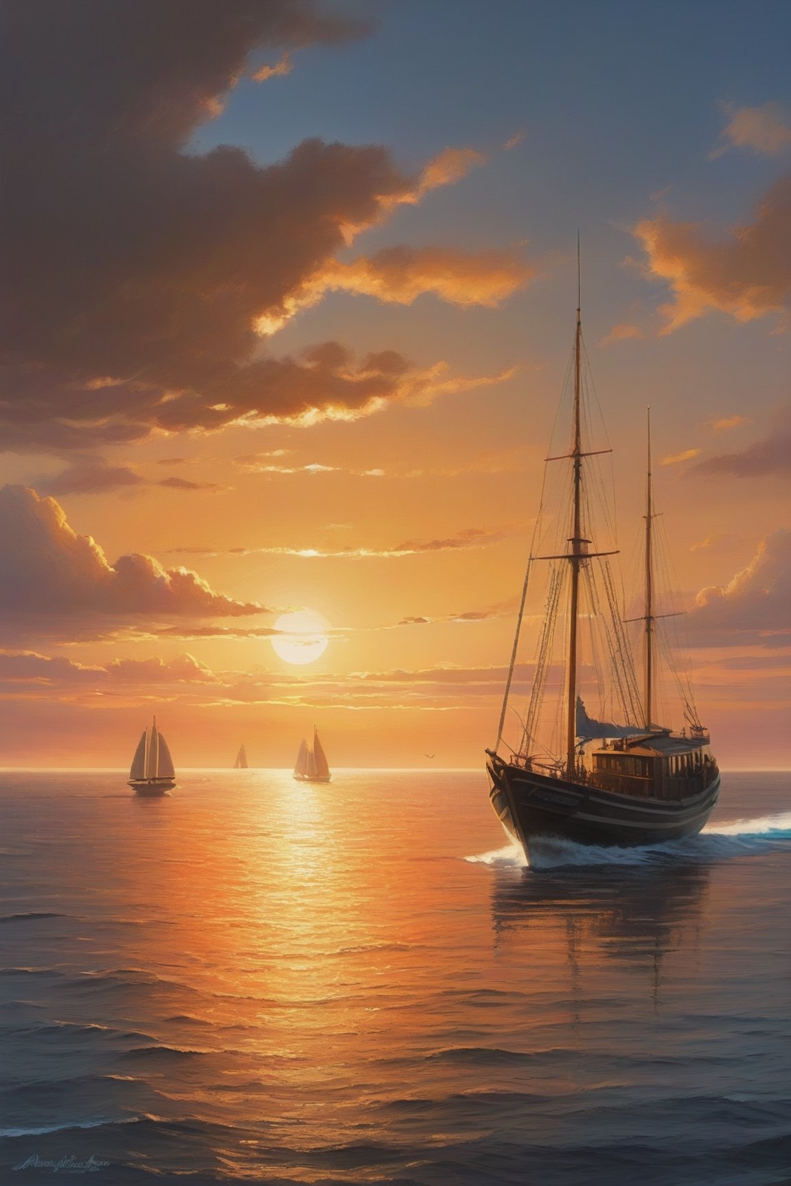 Contrast is achieved through the juxtaposition of warm and cool colours. The warm, fiery tones of the sunset contrast with the cool, serene shades of the ocean. Additionally, the contrast in scale between the immense sun and the tiny boat accentuates the grandeur of nature., Watercolor, trending on artstation, sharp focus, studio photo, intricate details, highly detailed, by greg rutkowski