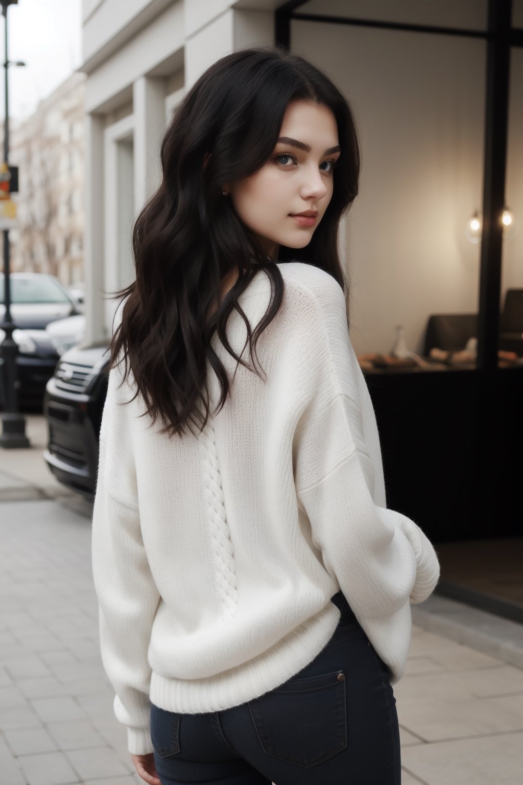 Black long hair, 20-year-old beautiful russian girl, white sweater, affectionate eyes, looking back