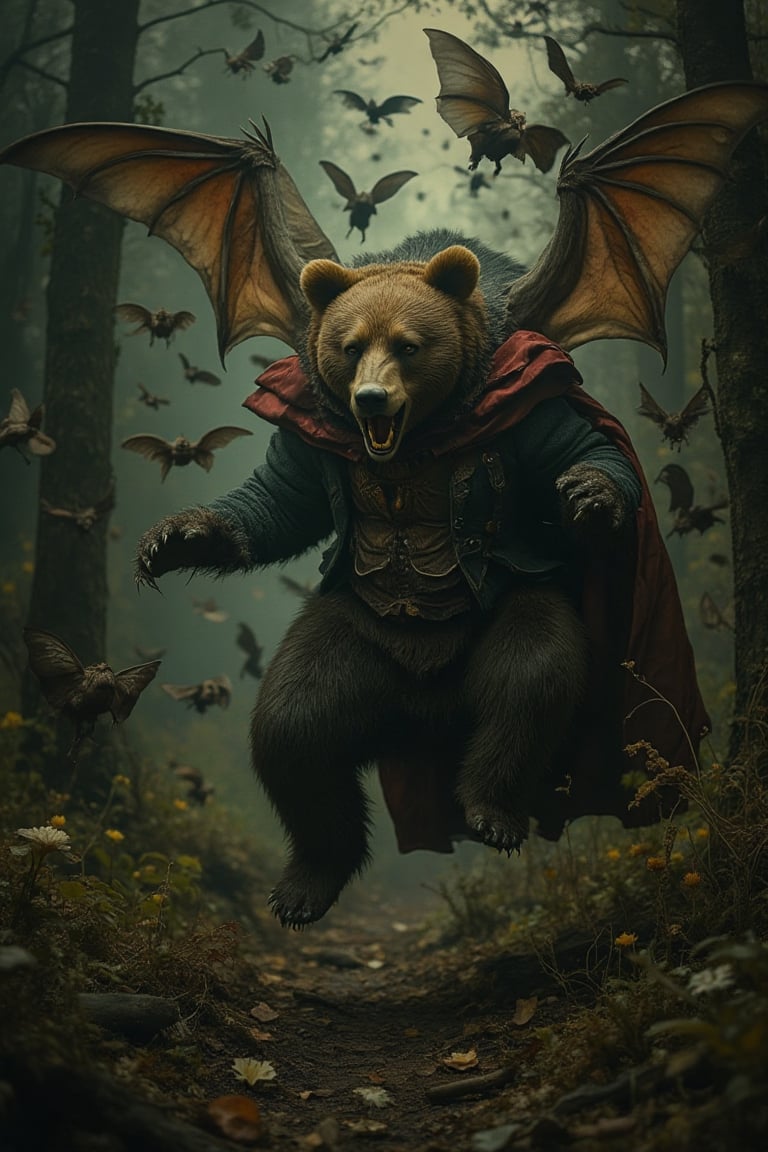 A grotesque fairytale scene featuring a bear-vampire in action, surrounded by a swarm of bats. The bear-vampire is mid-leap, with a menacing expression and sharp fangs visible. The scene is framed in a dynamic, action-oriented shot, with a mix of dim and dramatic lighting. The composition is chaotic, with bats flying in all directions, creating an unsettling atmosphere. The location is a dark, eerie forest, blending the whimsical with the macabre.