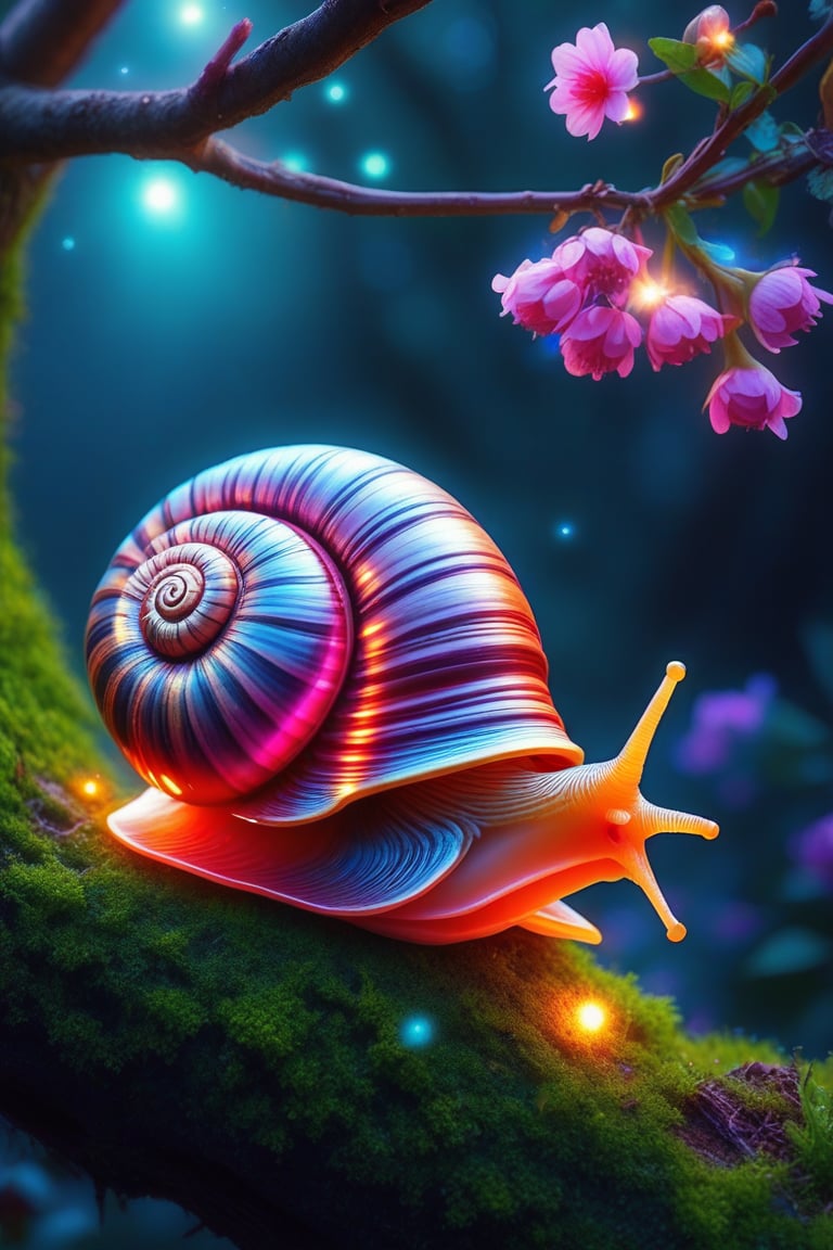 Mystical Encounter: A snail perches on a moss-covered tree branch,  its iridescent shell glowing with an ethereal light. V...