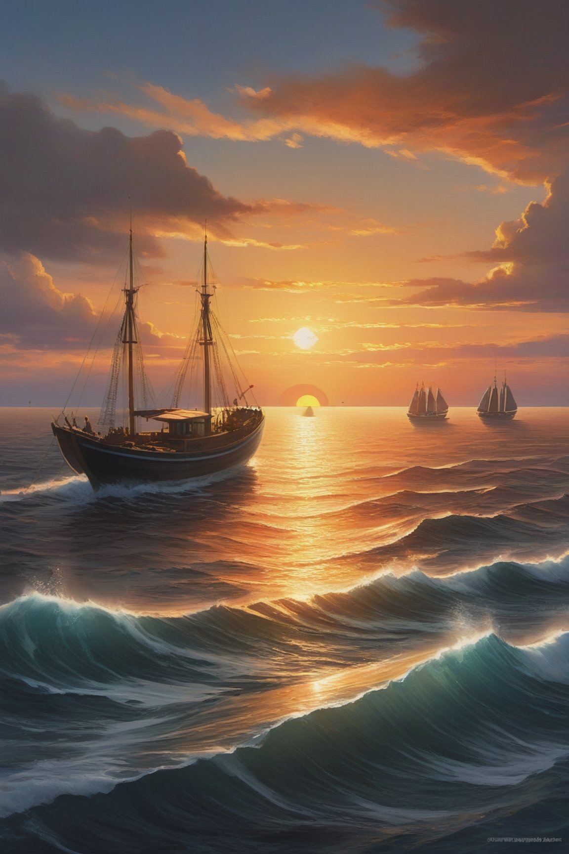 Contrast is achieved through the juxtaposition of warm and cool colours. The warm, fiery tones of the sunset contrast with the cool, serene shades of the ocean. Additionally, the contrast in scale between the immense sun and the tiny boat accentuates the grandeur of nature., Watercolor, trending on artstation, sharp focus, studio photo, intricate details, highly detailed, by greg rutkowski