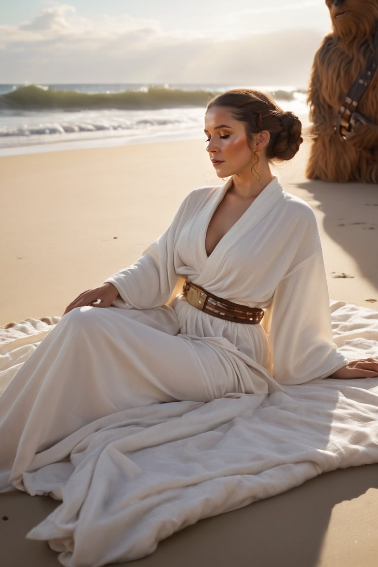 Golden sunlight warms the sandy shore as Princess Leia,  dressed in a flowing white robe,  reclines on a crimson towel by...