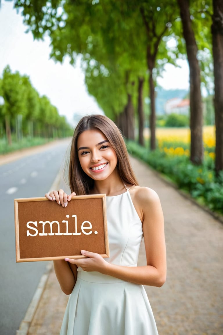 a beautiful girl holding a board with the text saying "smile" smiling, daytime