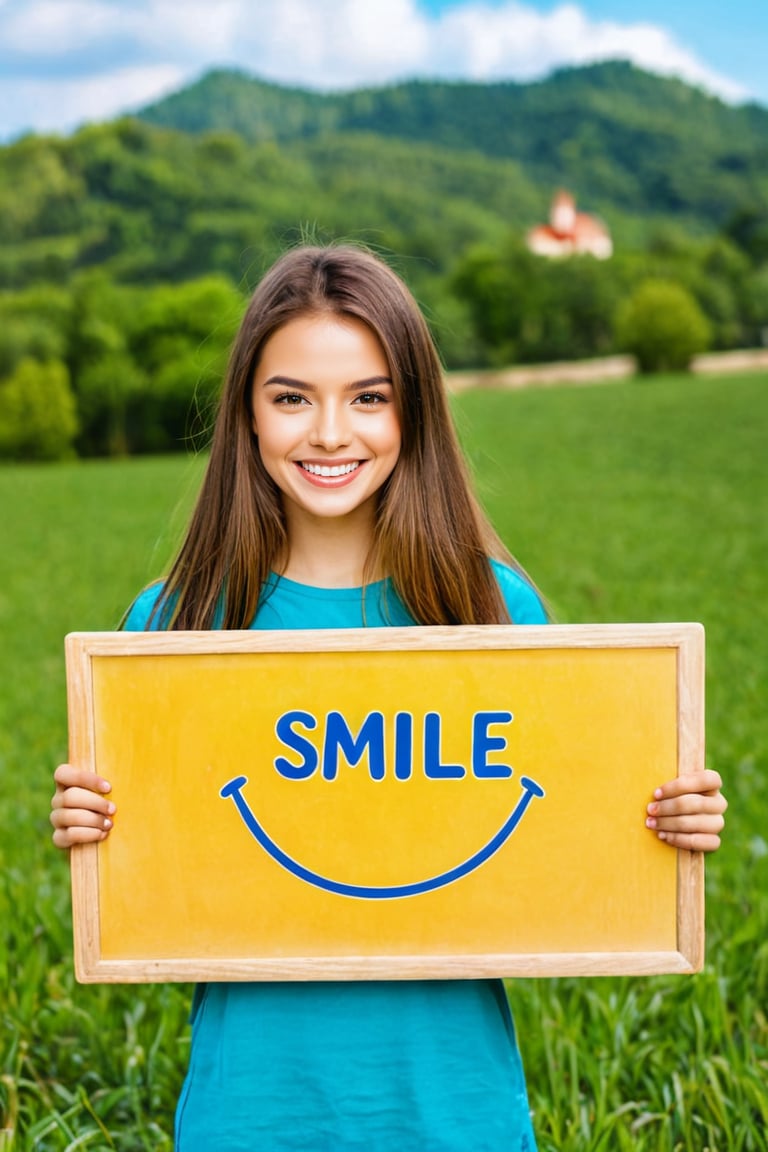 a beautiful girl holding a board with the text saying "smile" smiling, daytime