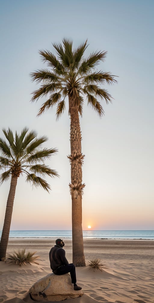 A serene desert landscape at sunset, with a majestic palm tree standing tall in the foreground. A lone monkey traveler, wearing trendy sunglasses , sits in contemplation on a rock, surrounded by the warm glow of the setting sun. The sandy dunes stretch out behind them, fading into the horizon's subtle blue haze, evoking a sense of isolation and peaceful reflection.,photorealistic