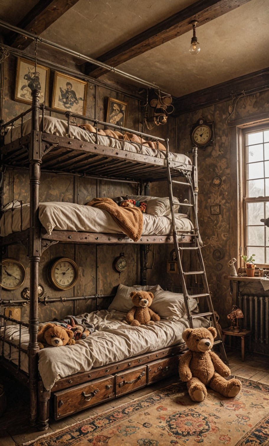 bunk bed in a cozy steampunk room, vibrant colors, Studio Ghibli, StdGBRedmAF, linear,two Teddy bear sleeping on bed