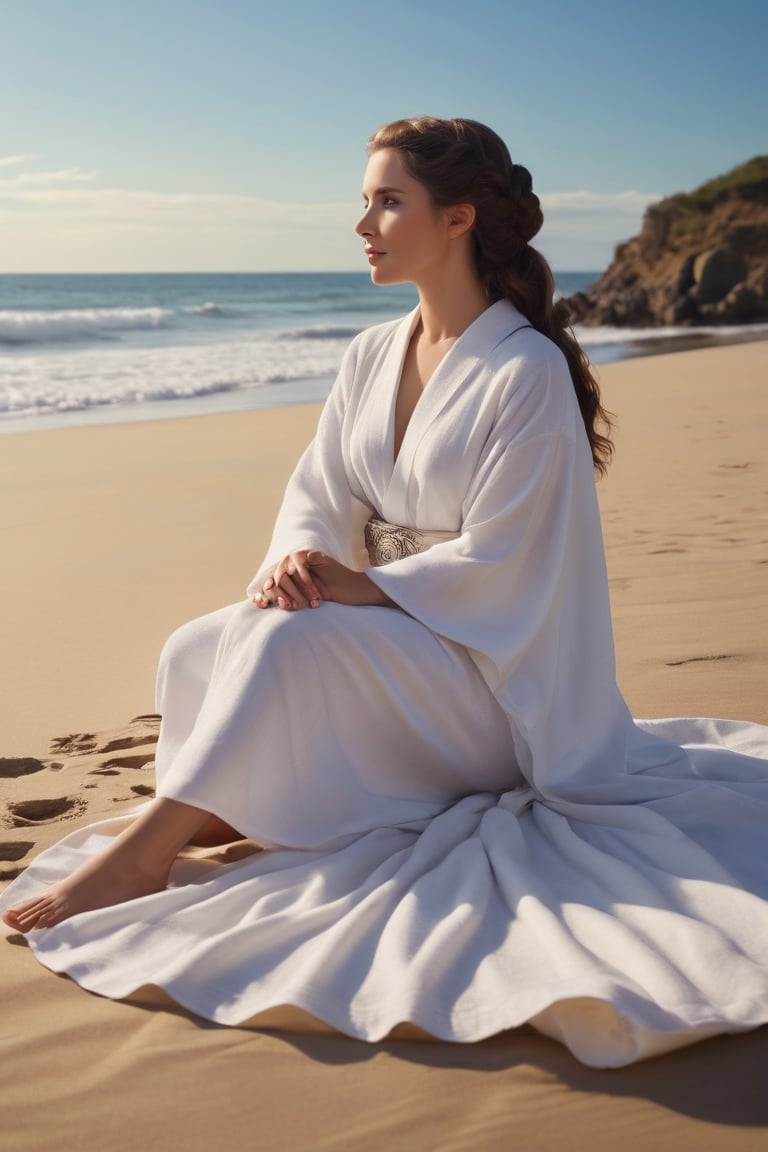 A serene scene unfolds as Princess Leia,  iconic white robes flowing in the gentle breeze,  reclines on a crimson beach to...