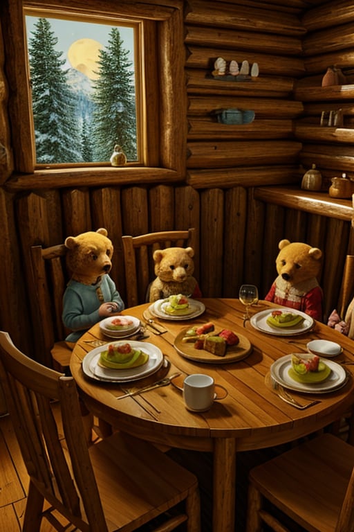 Conceptual scene from the story of Goldilocks and the three little bears all in a cabin ready to eat on their plate