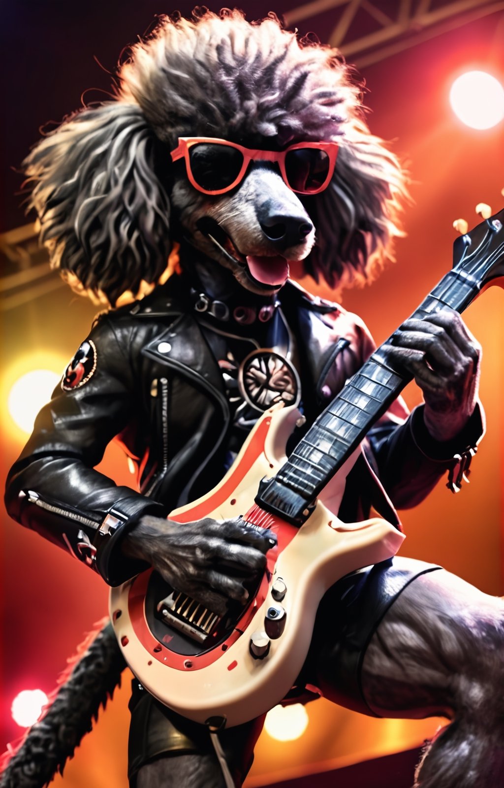 Detail photo Closeup of a rocker poodle playing his electro guitar,on stage,epic light