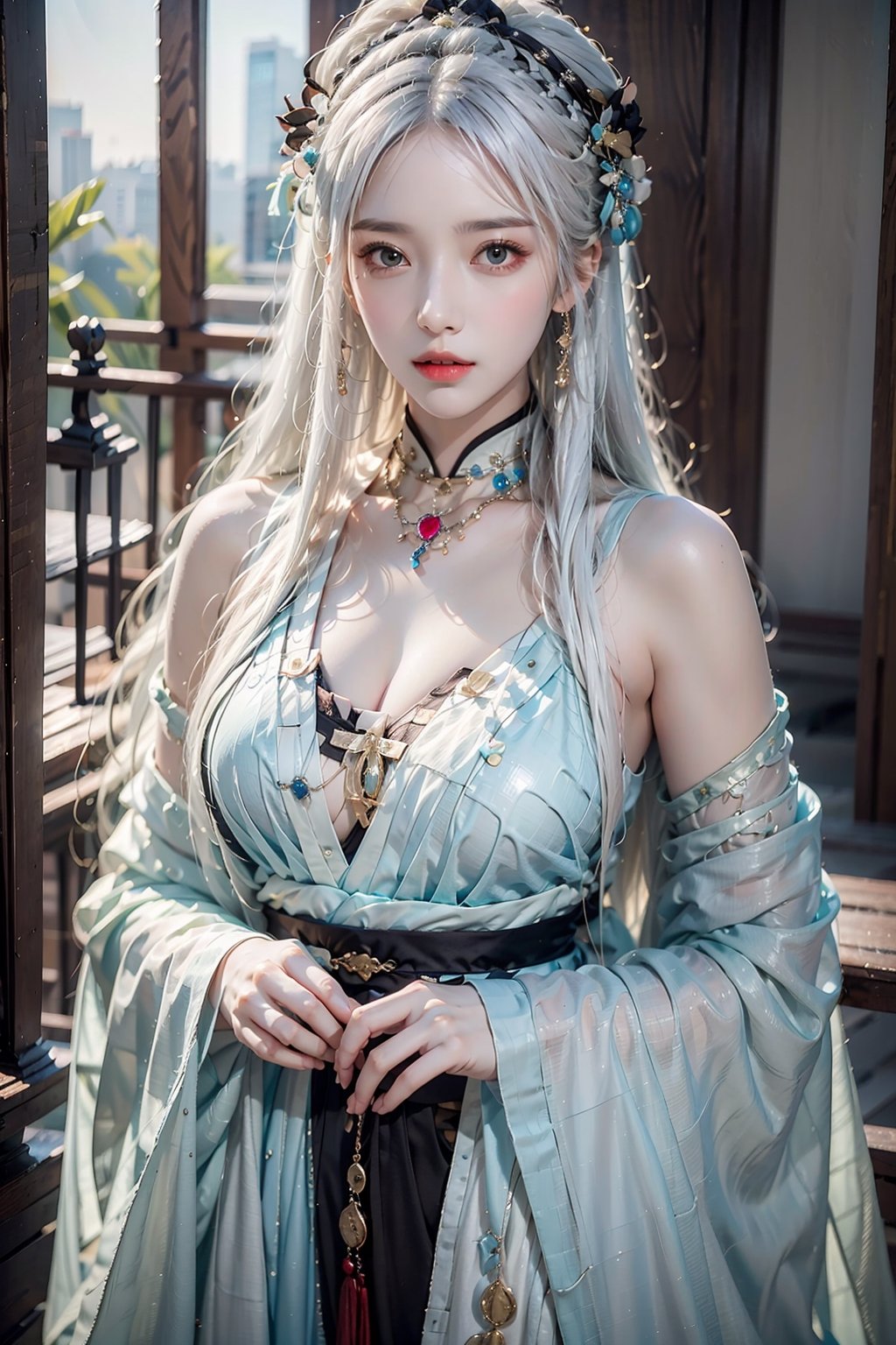 female,masterpiece, realistic, best quality, ultra detailed, waist up, white hair, ((colorful hair)), jewelery, fashionable accessories,myhanfu