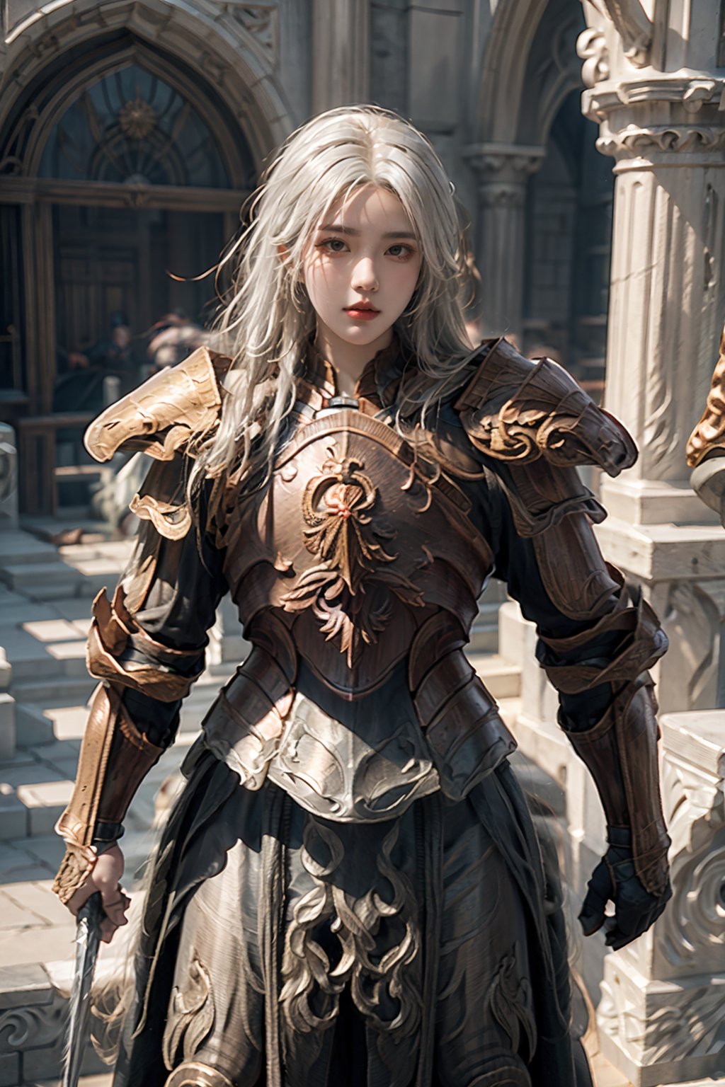 1girl,solo,masterpiece, realistic, best quality, ultra detailed,cowboy_shot ,
White hair,
long_hair, holy knight,crucible armor,brown armor,long tasset