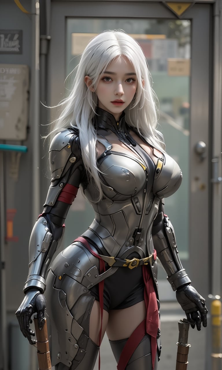 A photorealistic image of a woman,hip up, white hair,cyborg samurai,mecha body, robot joints, katana,ntgirl