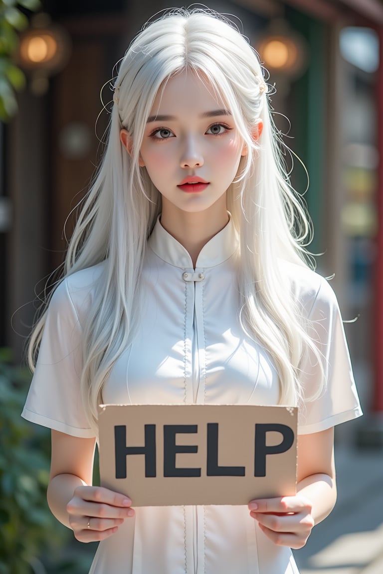 A stunning solo shot of a young woman with striking white long hair, dressed in the aodai (Vietnam’s national dress),holding up a sign with the word "HELP",ntgirl