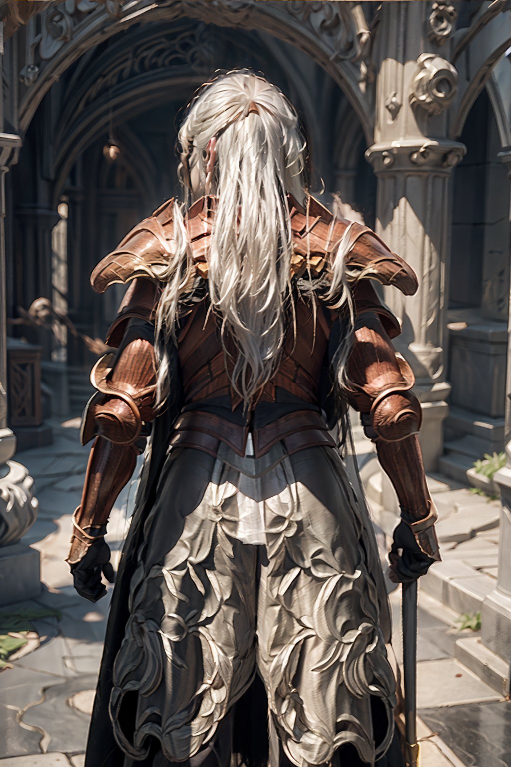 1girl,solo,masterpiece, realistic, best quality, ultra detailed,from_behind,looking back ,
White hair,
long_hair, holy knight,crucible armor,brown armor,cape