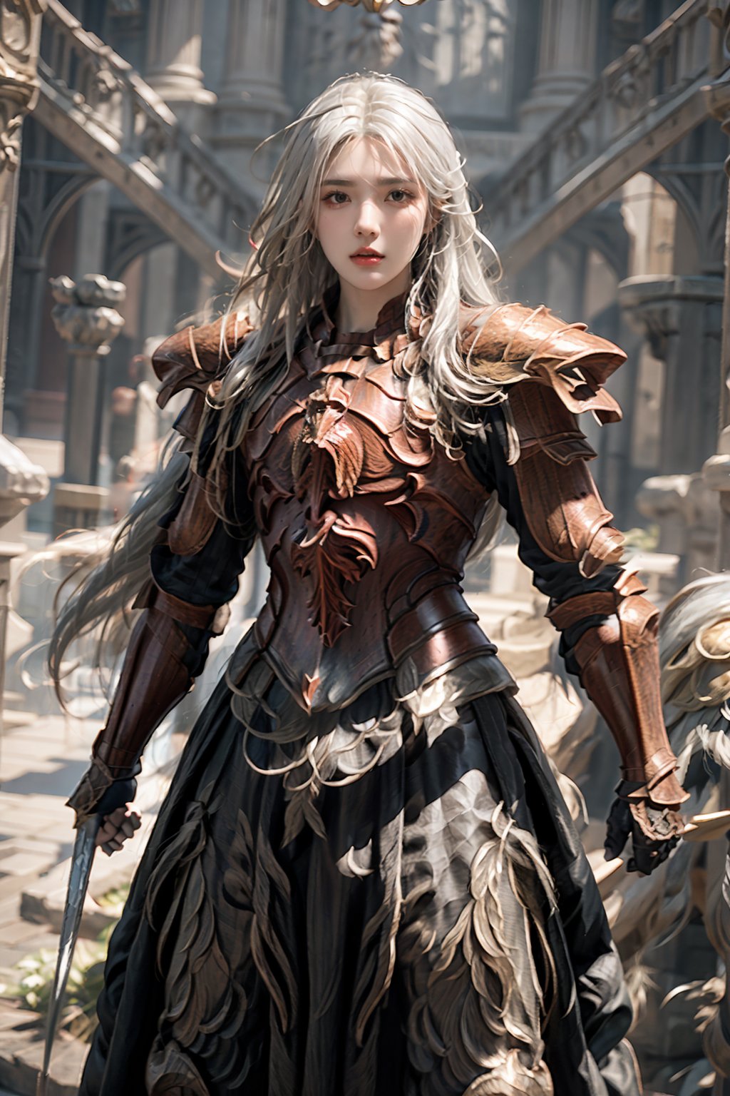 1girl,solo,masterpiece, realistic, best quality, ultra detailed,cowboy_shot ,
White hair,
long_hair, holy knight,crucible armor,brown armor,long tasset