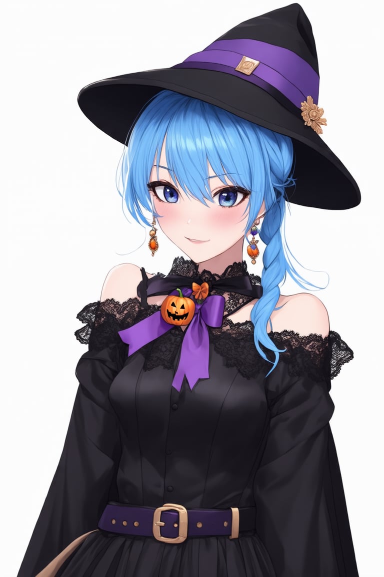 1girl, virtual youtuber, solo, blue eyes, blue hair, long hair, witch hat, Halloween costume, blush, earrings, looking at viewer, black dress, jewelry, pumpkin (symbol), symbol in eye, black cloak, bat in eye, bow earrings, off shoulder, black jacket, ribbon, black headwear, upper body, lace, hand on chest, closed mouth, purple ribbon, lace trim, one side up, lace choker, long sleeves, shirt, hair between eyes, bow, white background, belt, open clothes, hair ribbon,hoshimachi suisei, side pony tail