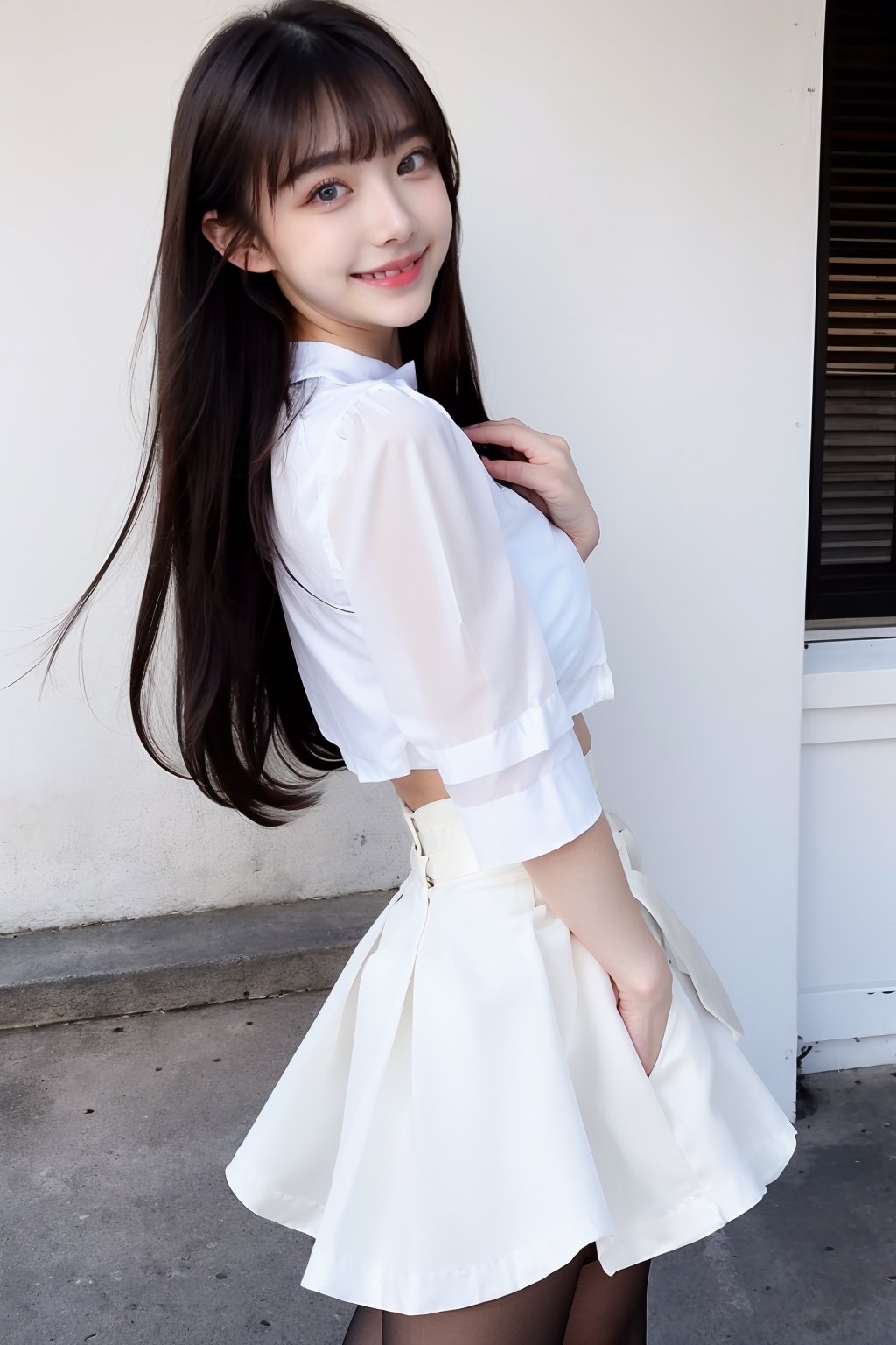 girl, beautiful body, (blue eyes), brown hair, white long skirt, white Blouse, long hair, Black tie, Pantyhose, (Shy:1.5), Embarrassed, white_skirt, White_blouse, Hair bangs, look at viewer, Concert , (smile) 