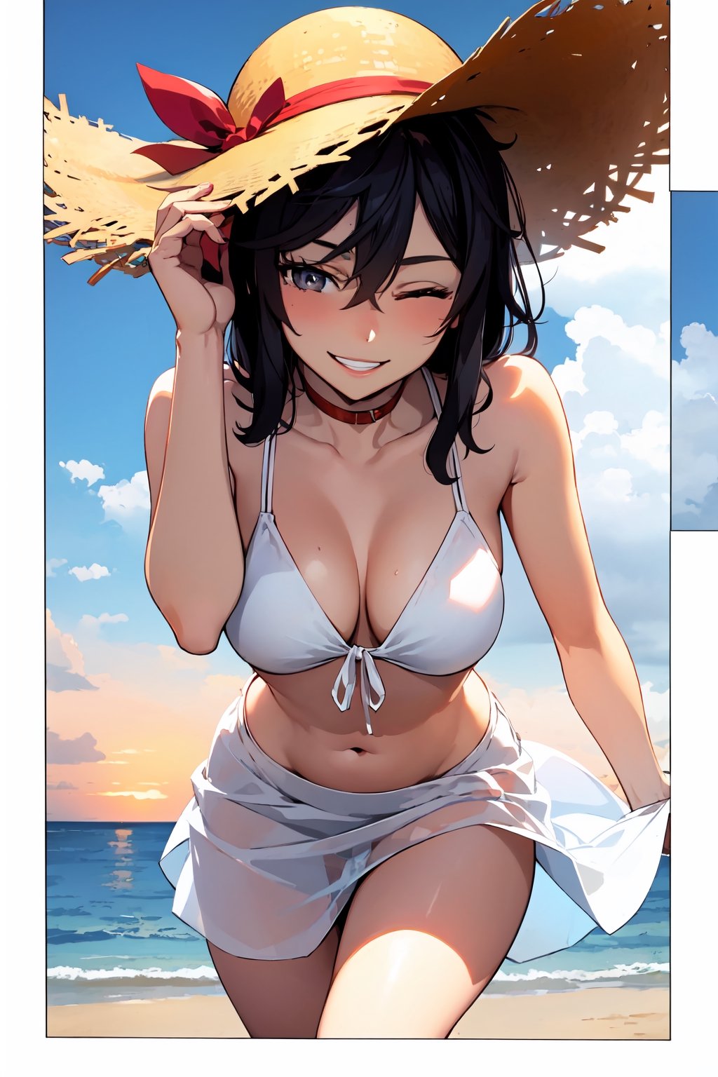 (masterpiece, best quality), 1girl, black bikini, not see through white sarong, white skirt, petite, standing, beach, sunset, smile, straw hat, big smile, eyes closed, bend forward,maki oze,manga