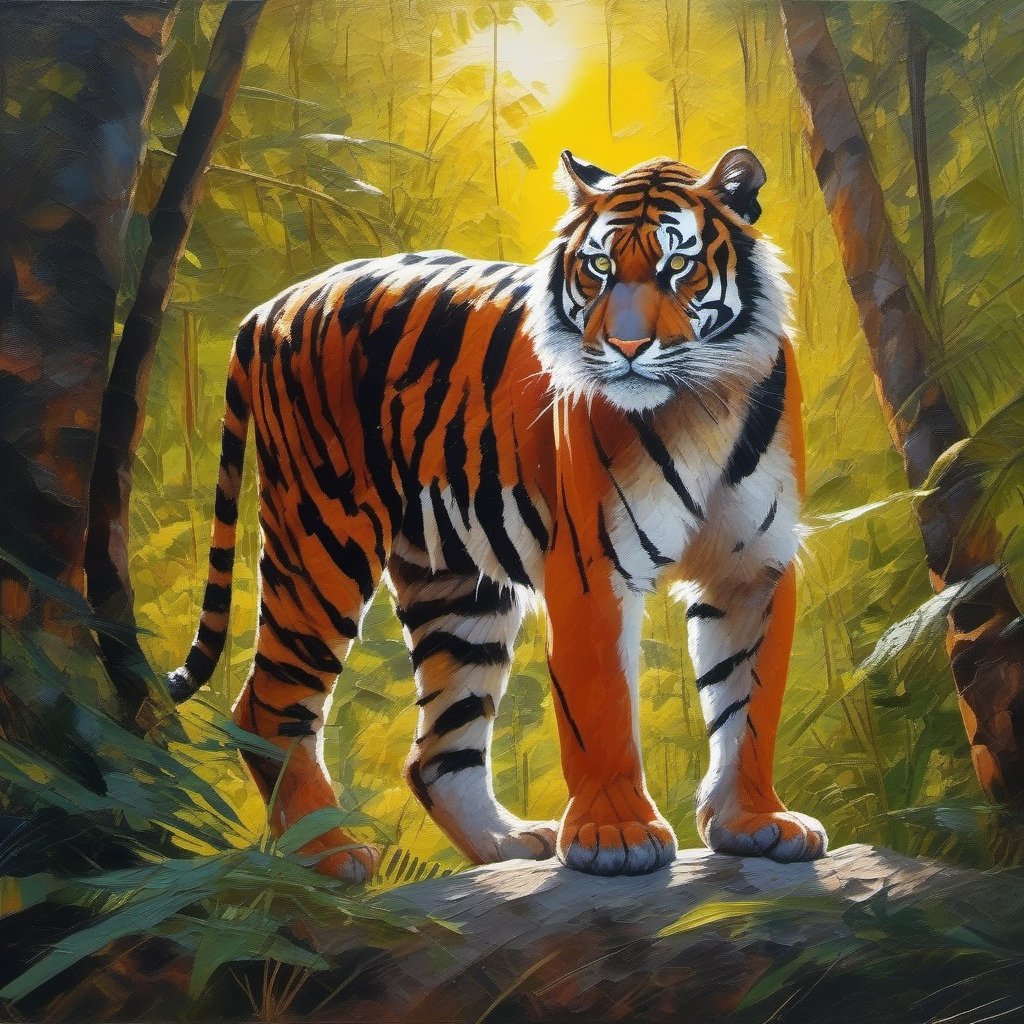 Palette knife oil painting , a sumatran tiger , in the forest , sun , beautiful , ultra clear, pretty , unreal engine 5 