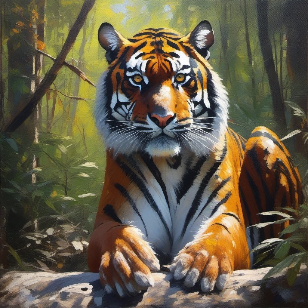 Palette knife oil painting , a sumatran tiger , in the forest , sun , beautiful , ultra clear, pretty , unreal engine 5 